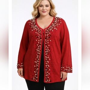 Linea by Louis Dell'Olio Red Faux Pearl Embellished Cardigan Sweater 2X